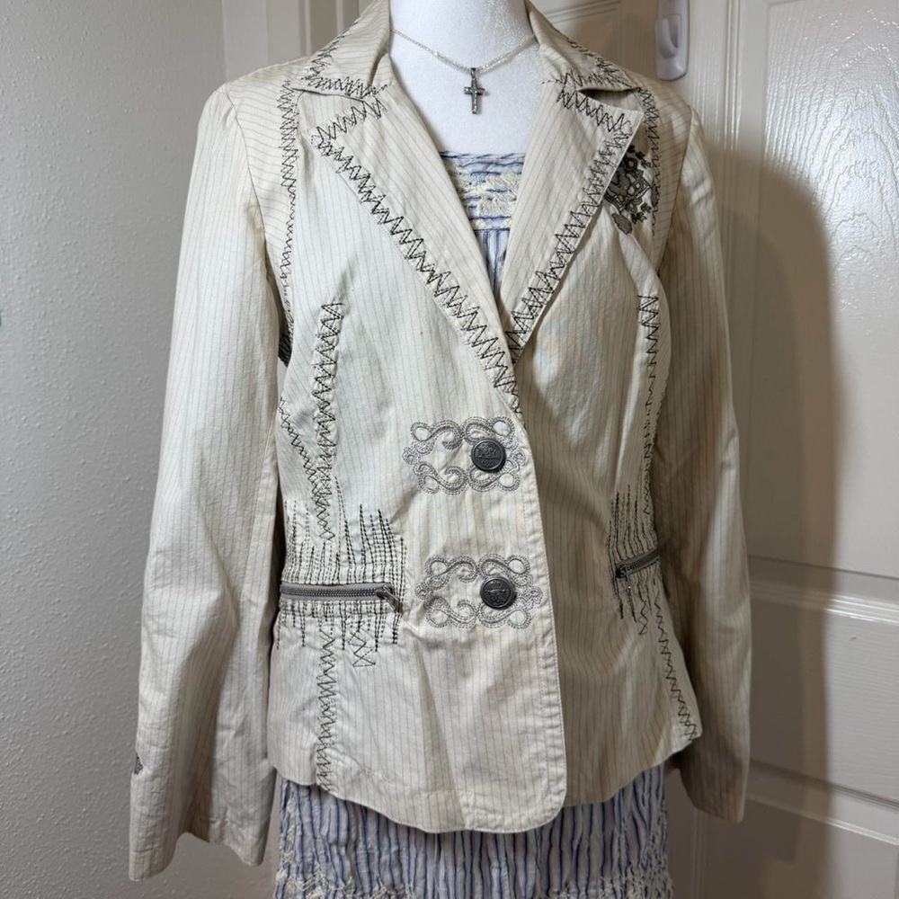 3J Workshop Johnny Was Women Ivory Silver Embroidered Blazer Jacket Size M GUC
